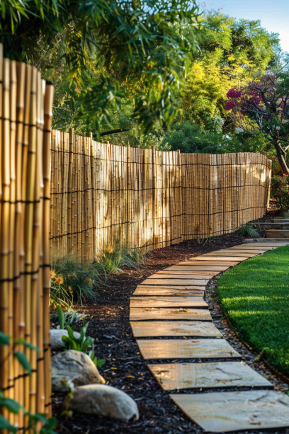Panoramic view of backyard with continuous bamboo fencing for privacy.