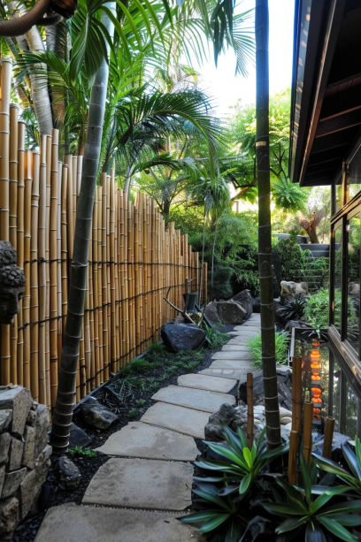 Panoramic view of backyard with continuous bamboo fencing for privacy