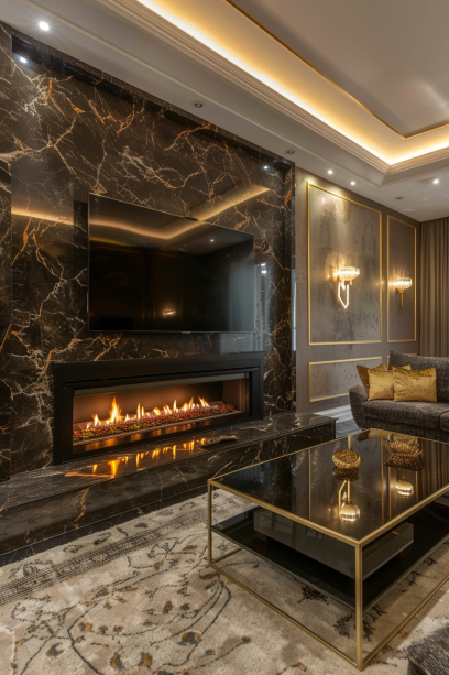 Panoramic view of elegant living space with luxury TV wall design and fireplace
