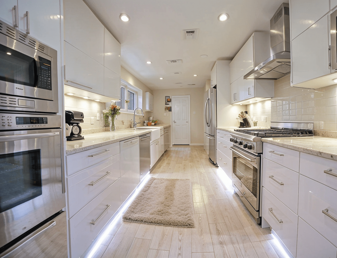 Pristine white small kitchen with modern wood flooring and stainless steel appliances