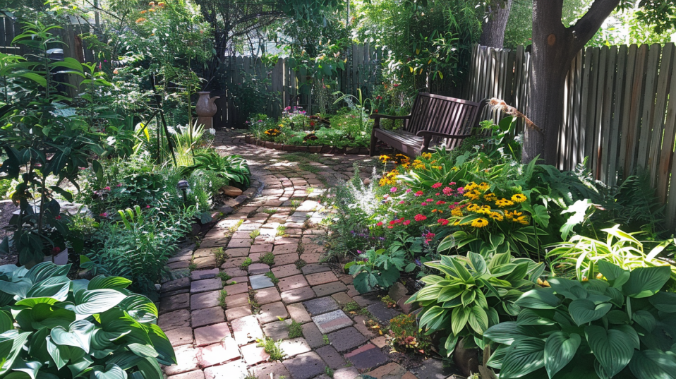Small charming garden with recycled brick pathways and colorful flowers