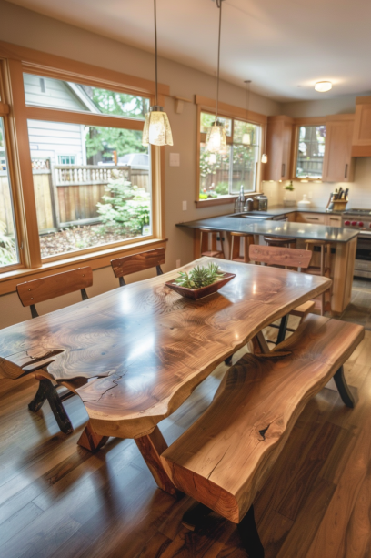 Small dining room with live edge dining table and backless benches