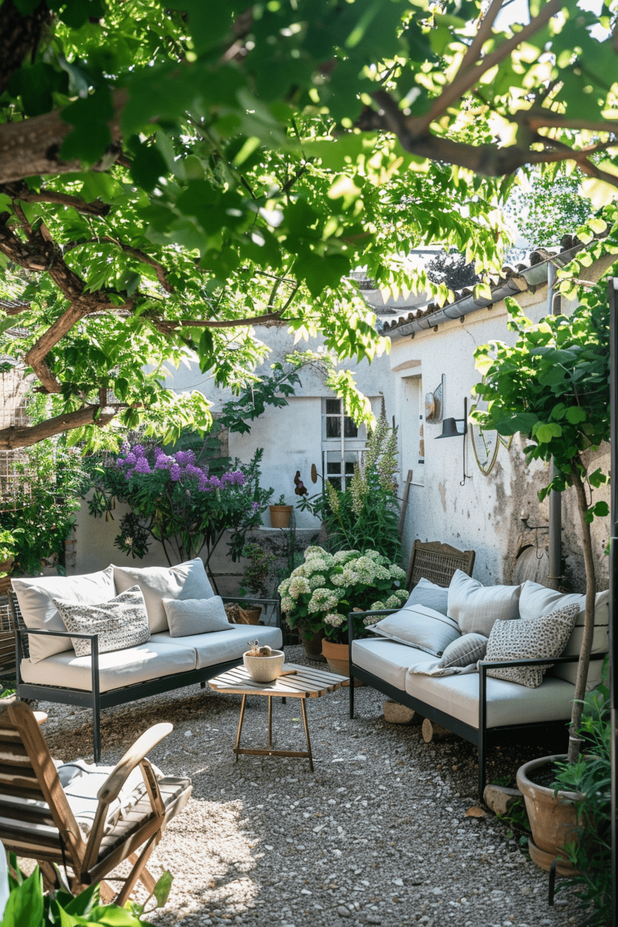 Small garden patio idea with potted plants and comfortable seating