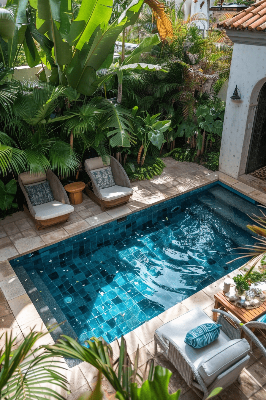 Small inground pool with blue mosaic tiles, cozy patio, luxurious backyard oasis, intimate pool design.