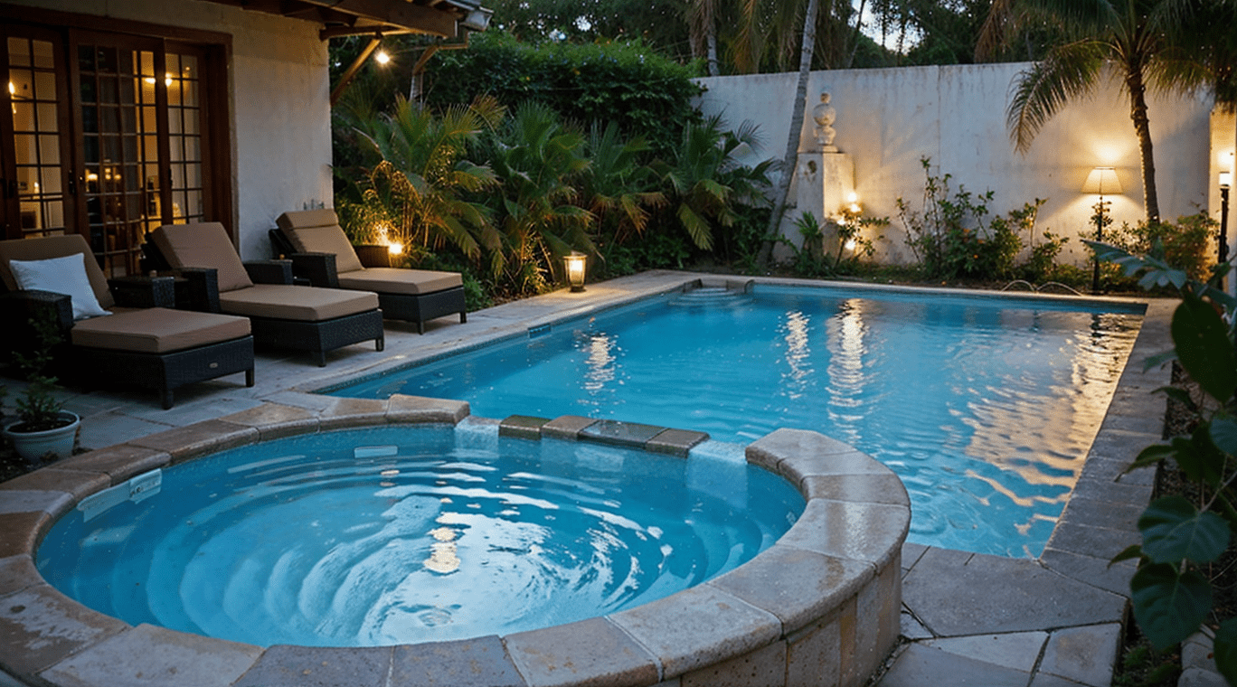 Small inground pool with connected hot tub, ideal for compact spaces, tropical landscaping, luxurious backyard oasis