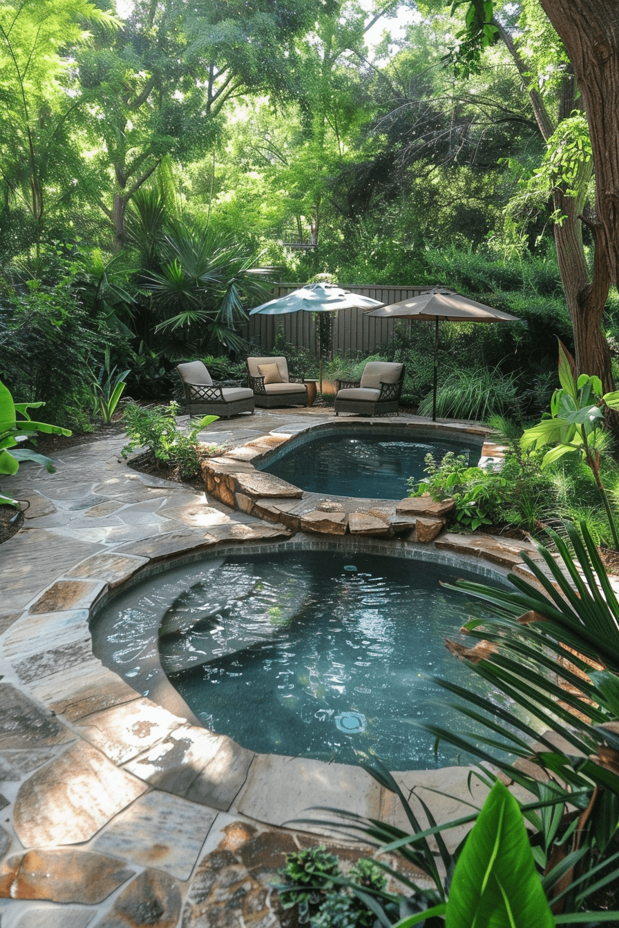 Small inground pool with connected hot tub, ideal for compact spaces, tropical landscaping, luxurious backyard