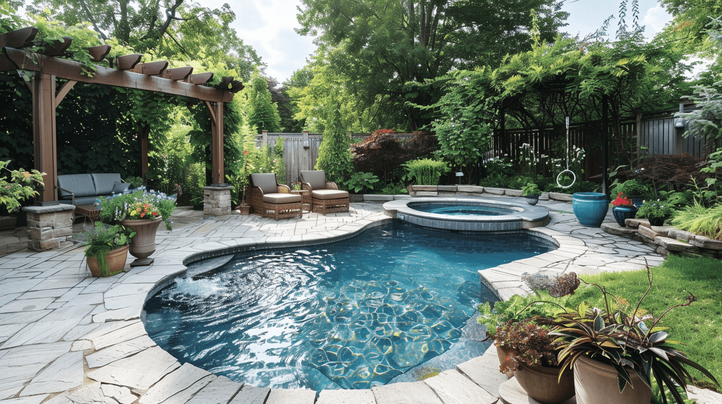 Small inground pool with natural stone hot tub, compact backyard with lush plants, shaded seating, and stone pathways
