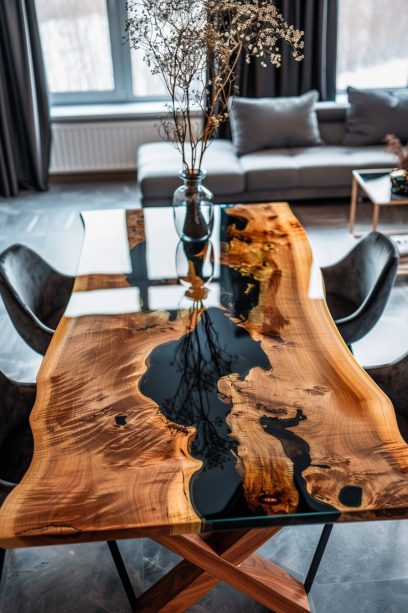 Small live edge dining table with artistic epoxy resin infusion in a cozy American apartment