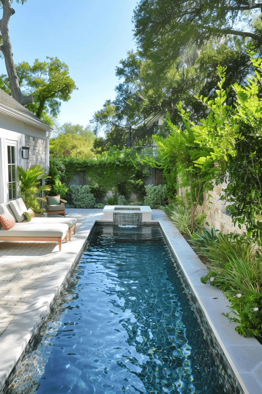 Small narrow lap pool with built-in seating and corner steps in compact backyard surrounded by lush greenery