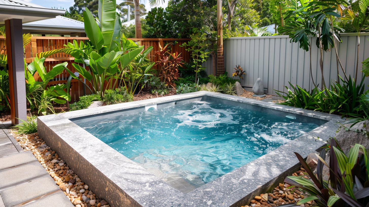Small rectangular inground pool in a tropical courtyard