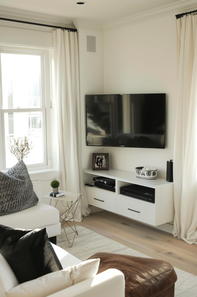 Small room with corner-mounted TV, sleek modern design, space-saving furniture, light color palette, minimalist decor.