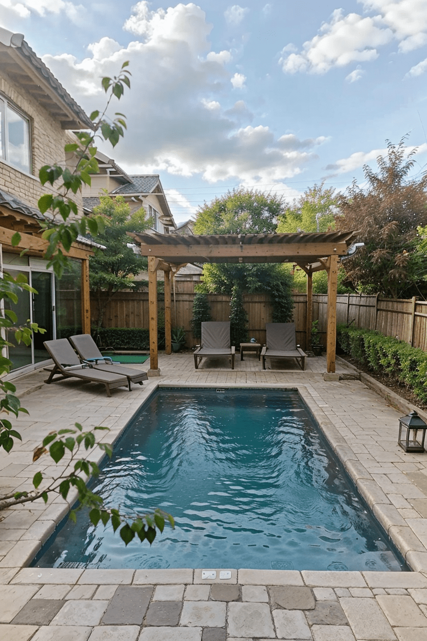 Small suburban backyard with cozy inground pool, modern lounge chairs, natural stone tiles, wooden deck with pergola, and privacy fence