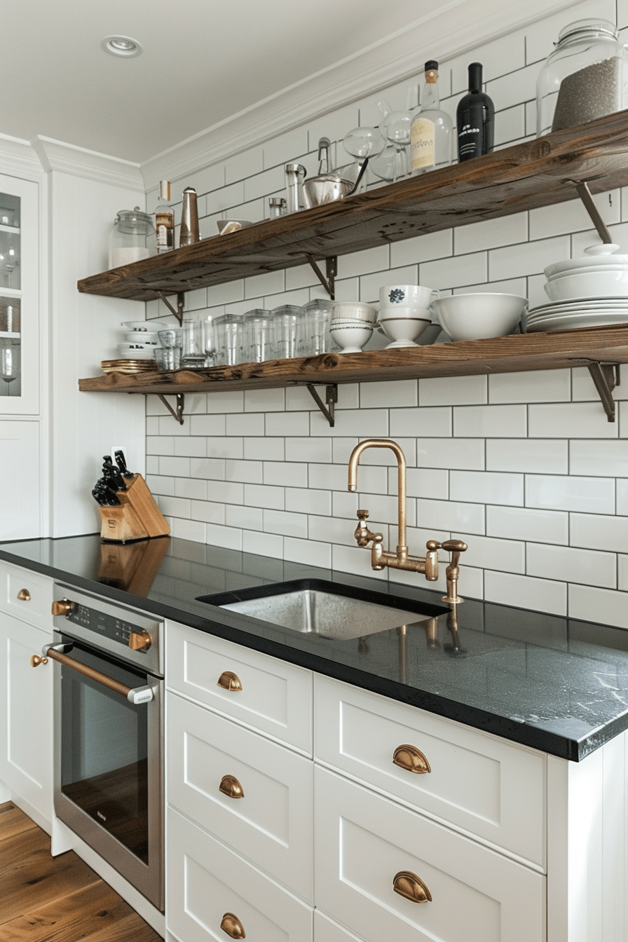 Sophisticated kitchen with white subway tile backsplash, dark granite countertops, white cabinetry with brass handles, and open shelving with vintage dishware