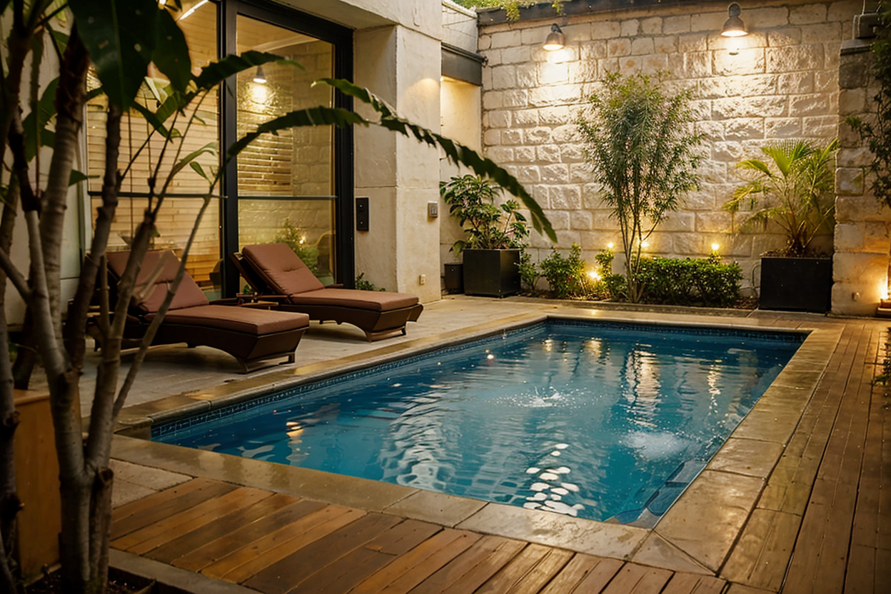 Stylish small inground pool with teak deck and elegant plants