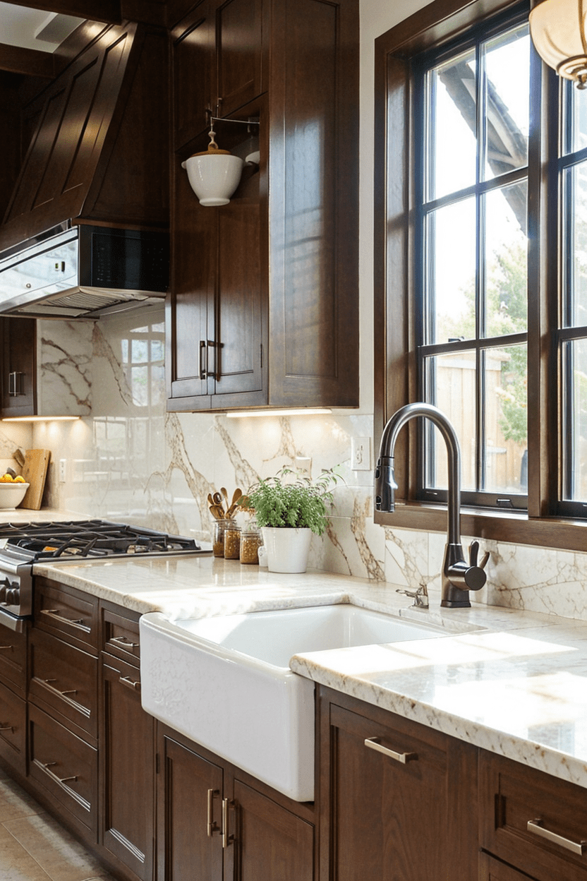 Timeless kitchen featuring dark wood shaker cabinets, white marble countertops, and a farmhouse sink illuminated by natural light through large windows