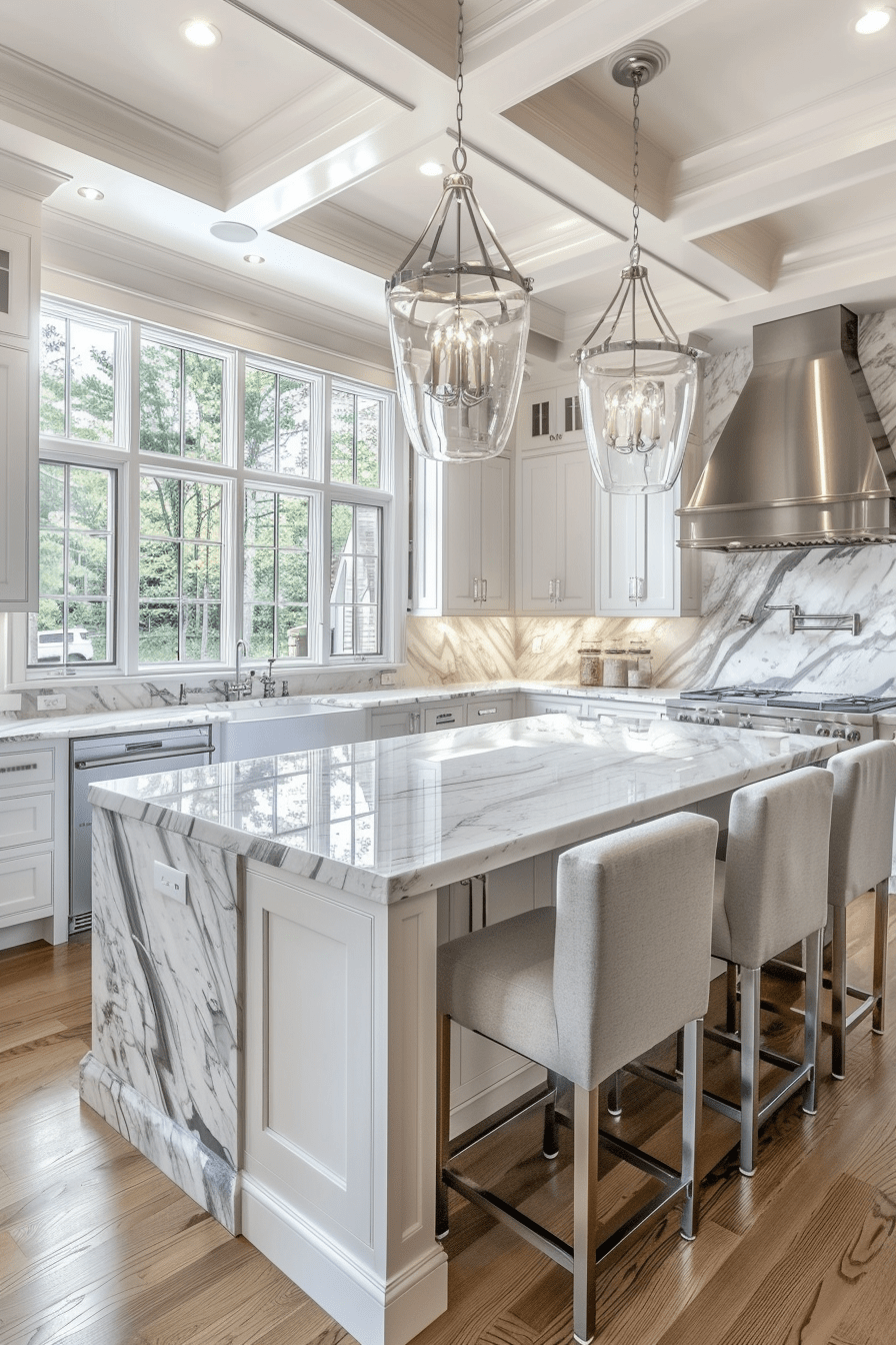 Timeless white kitchen cabinets with marble countertops and stainless steel appliances