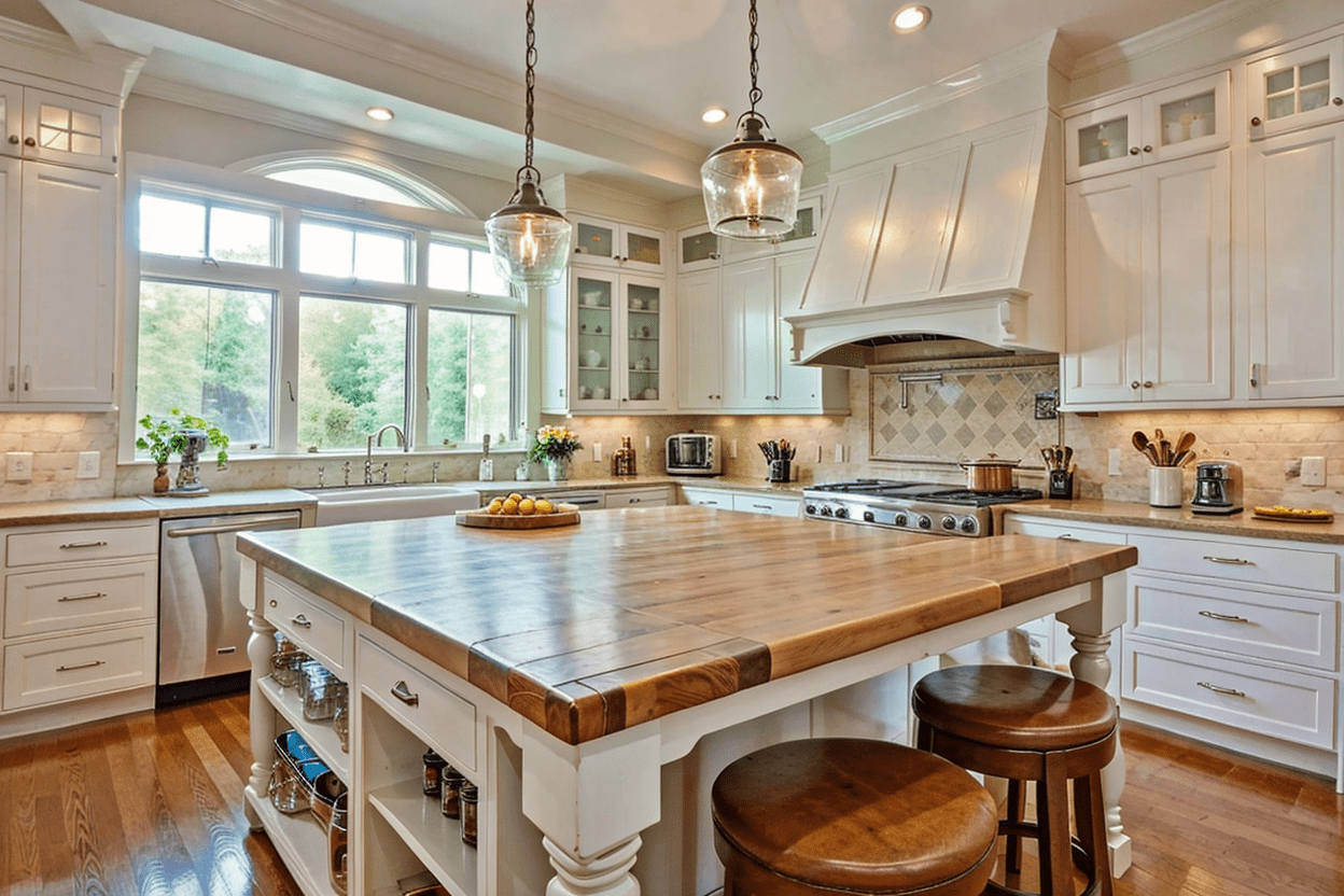 Traditional kitchen with butcher block countertop, white cabinetry, and inviting breakfast bar with wooden stools