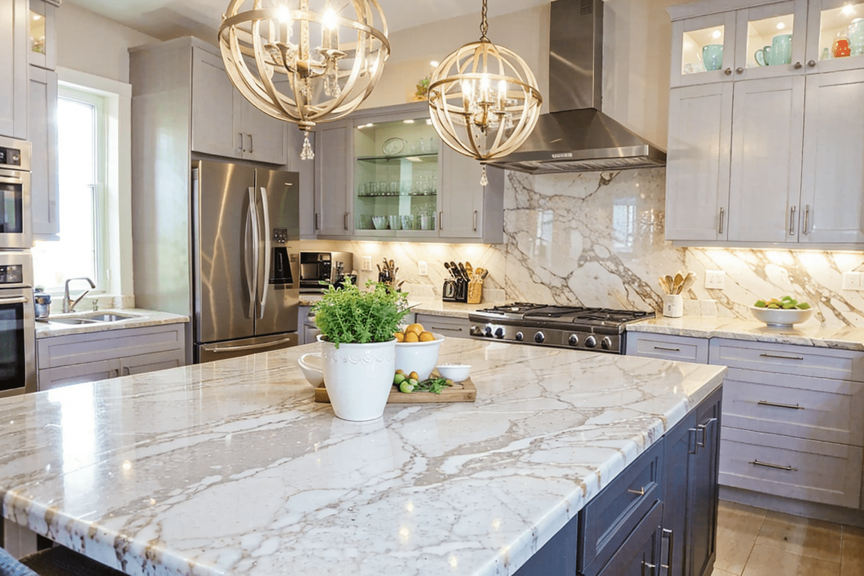 Transitional kitchen with white granite countertops and stainless steel appliances, blending old and new for a timeless look.