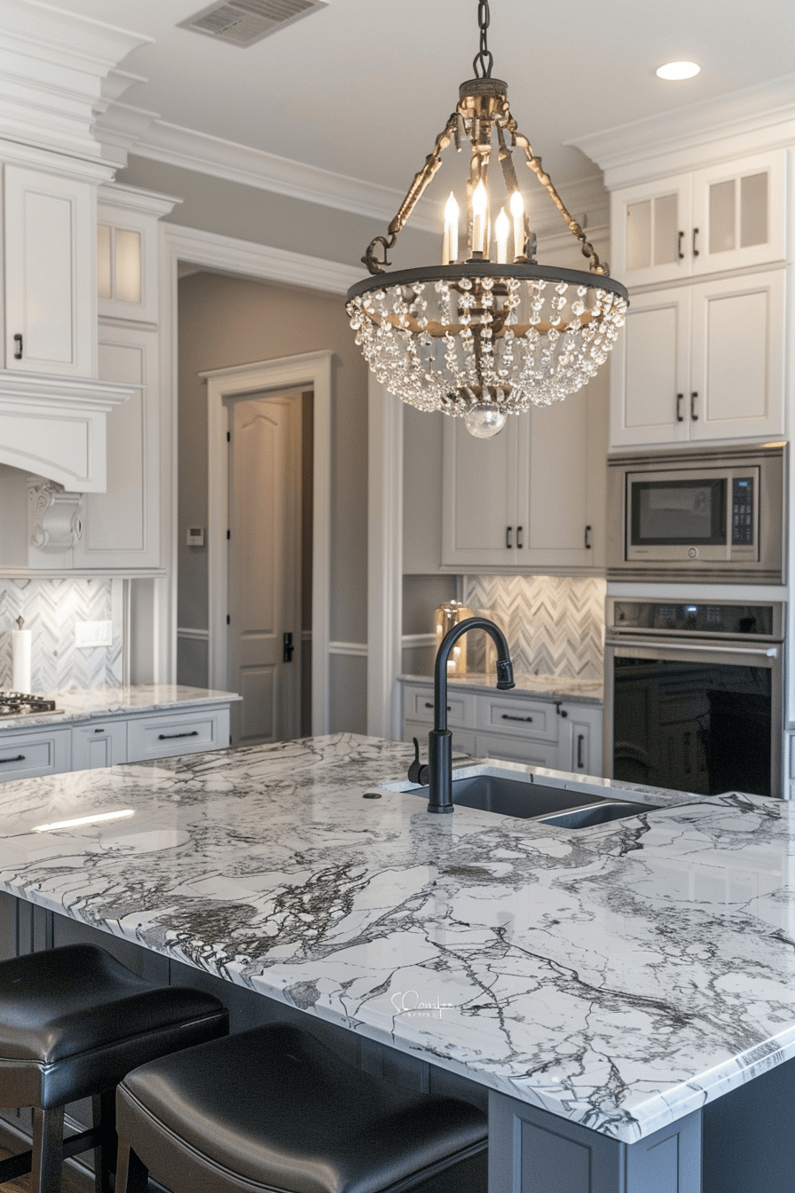 Transitional kitchen with white granite countertops and stainless steel appliances, blending old and new for a timeless look