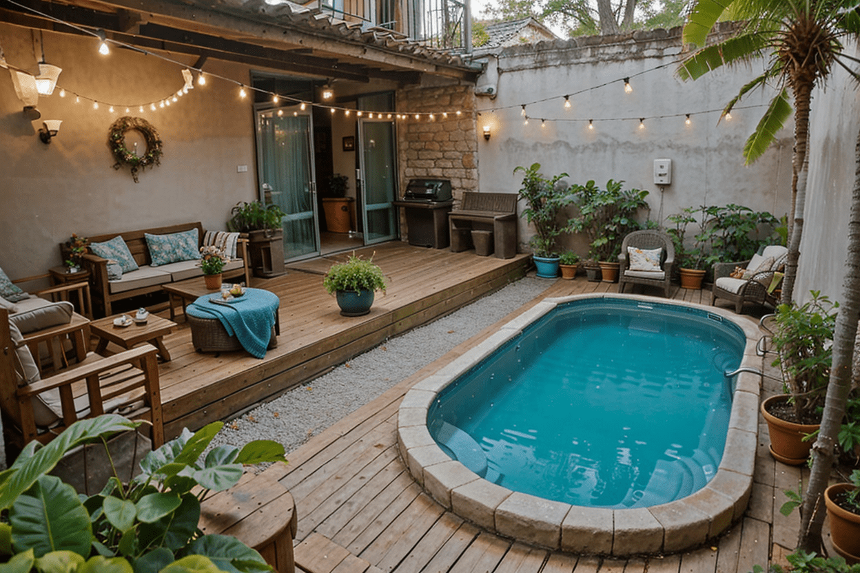 Urban backyard with small oval inground pool, wooden deck, compact seating, potted plants, BBQ area, and string lights