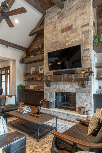 View of Rustic Living Room with Stone Fireplace and Reclaimed Wood TV Console