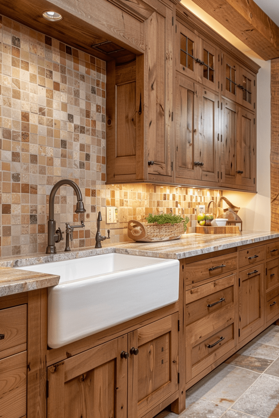 Vintage-inspired kitchen with farmhouse sink, wooden cabinets, and mosaic tile backsplash; cozy and nostalgic kitchen design