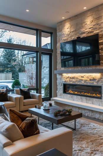 Wide Shot of Contemporary TV Wall Design with Fireplace