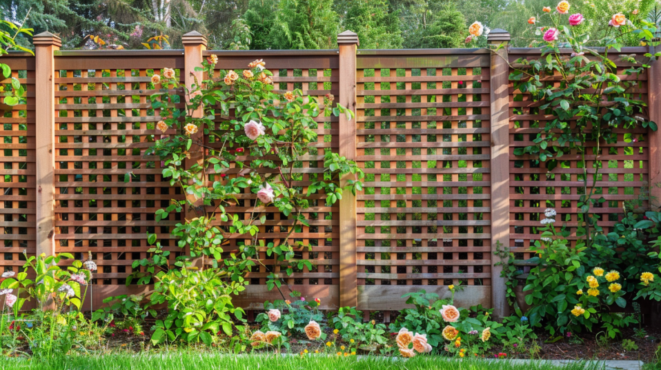 Wide garden with lattice panel privacy fences and climbing plants, DIY fence ideas