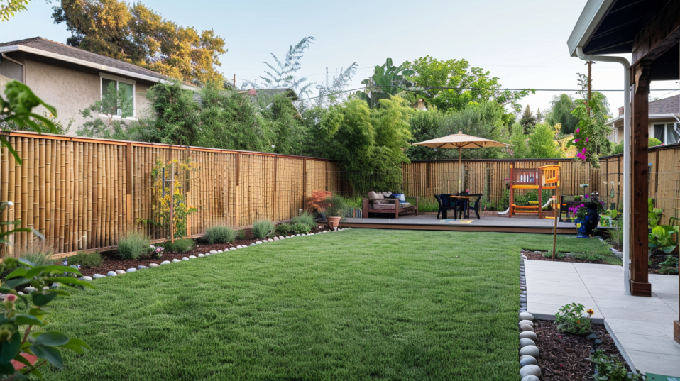 Wide shot of American backyard featuring bamboo fence, playground, vegetable garden, and dining area, emphasizing outdoor privacy and family-friendly environment
