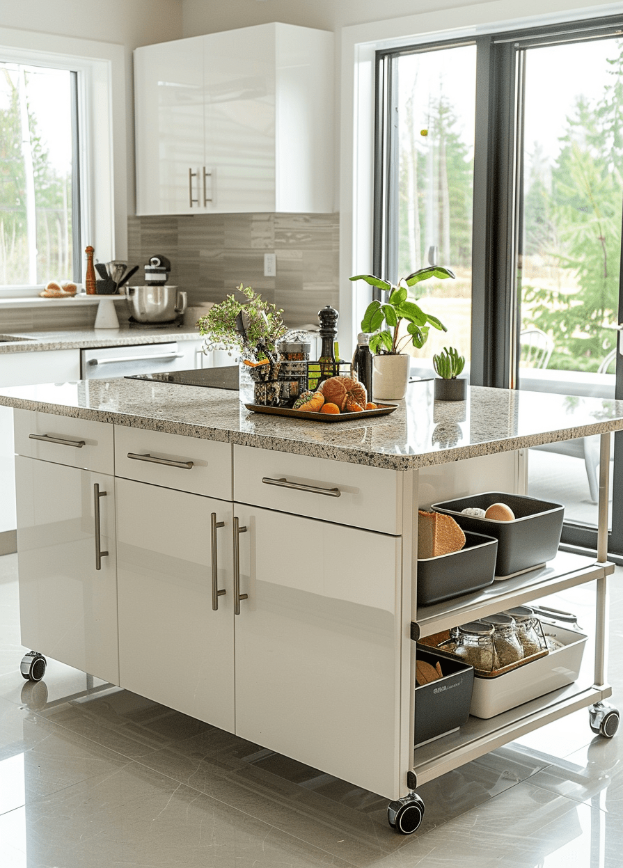 Wide shot of a contemporary kitchen featuring a glossy white rolling kitchen island with a granite countertop, integrating style and functionality