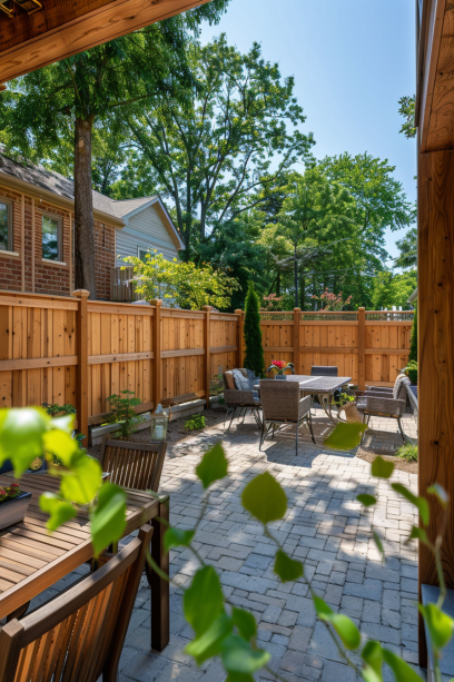 Wide shot of a patio area enclosed by a treated wood privacy fence, highlighting the durability and aesthetic appeal