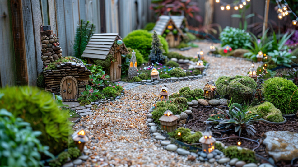 Wide shot of a small garden plot transformed into a magical fairy wonderland with miniature homes and fairy lights