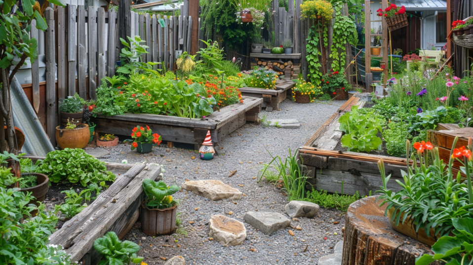 Wide shot of a small, organized garden with raised beds and a cozy seating area