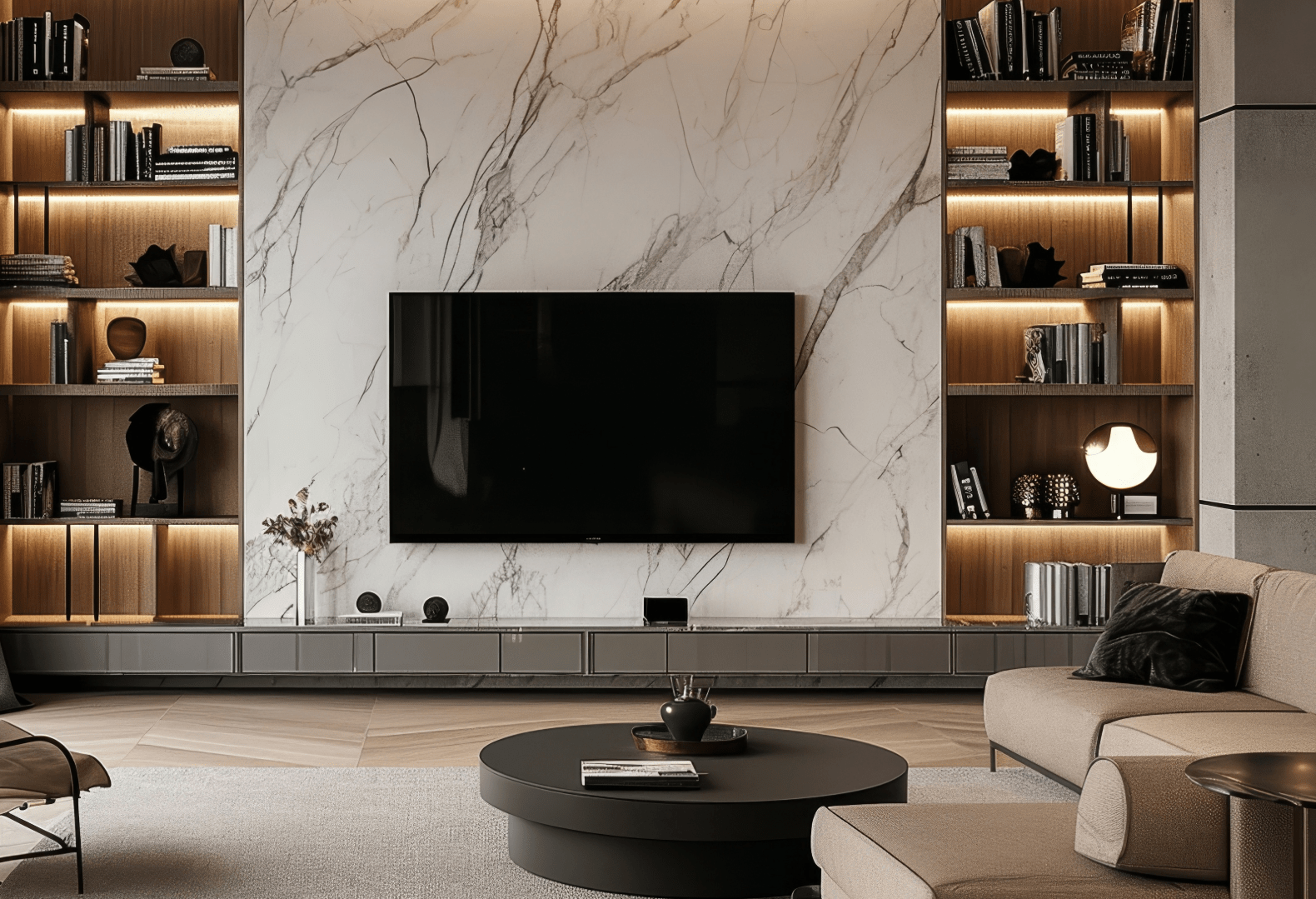 Wide shot of a small room with modern TV wall design, porcelain tile