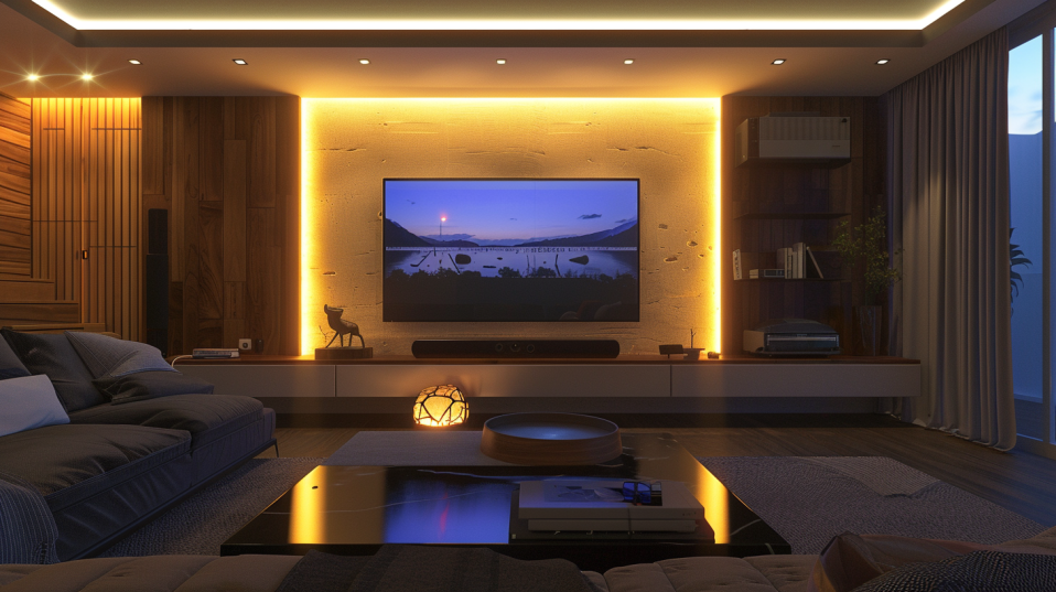 Wide shot of a stylish TV wall in a modern decor
