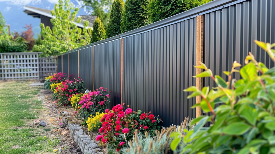 Wide shot of an American backyard garden with a wood and corrugated metal privacy fence, featuring a mix of modern and natural elements