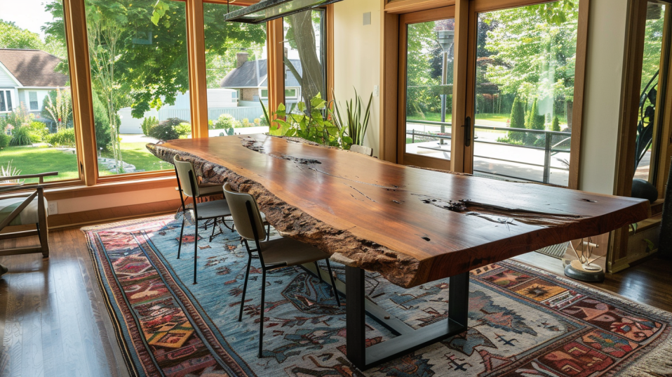 Wide shot of an American home dining area with a live edge dining table and patterned rug