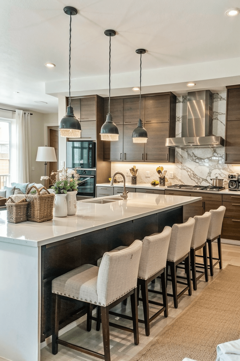 Wide shot of an open-plan living area with a multi-functional kitchen island featuring modern seating and under-island lighting