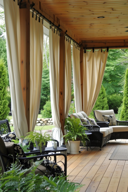 Wide shot of rustic countryside patio with burlap curtains for privacy fence.