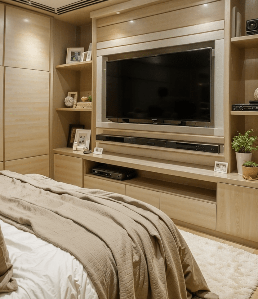 Wide shot of sophisticated bedroom TV wall design featuring a stylish built-in wall unit