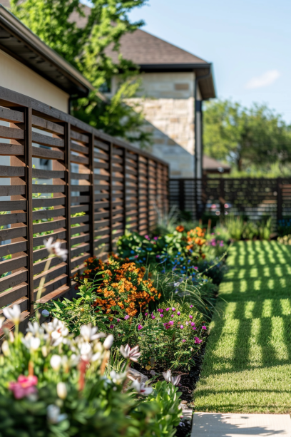 Wide view of a modern backyard with a deep brown wooden slat fence, providing privacy amidst a garden oasis with blooming flowers and a manicured