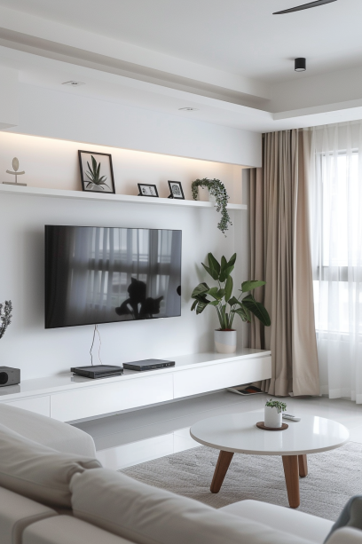 Wide view of a modern living room with a minimalist TV wall design, featuring a mounted flatscreen TV, floating shelves, and a small white table