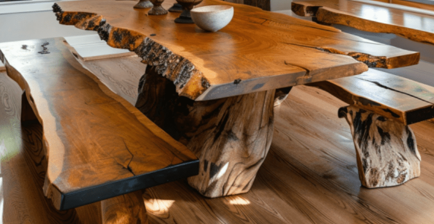 Wooden Benches with live edge table dining room