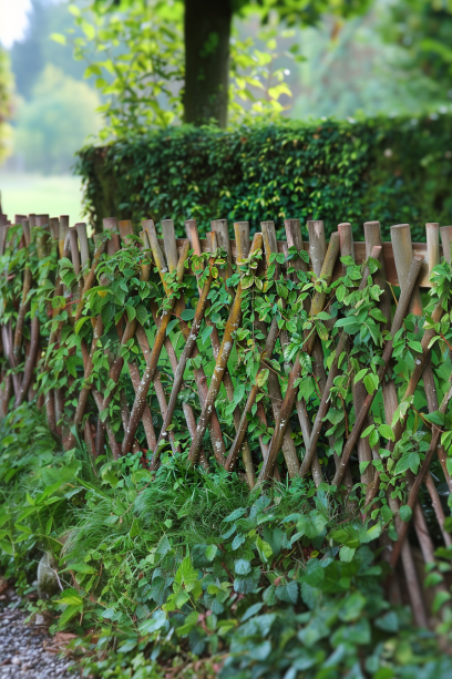 a living wall privacy fence with lush climbing plants , showcasing natural beauty and intricate patterns