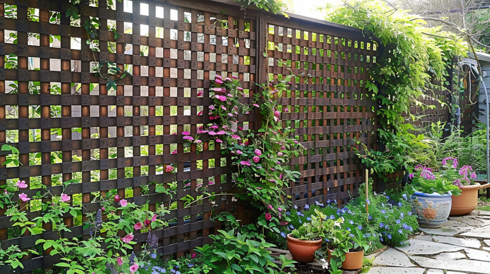 backyard with a trellis privacy fence covered roses