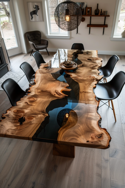 black Small live edge dining table with artistic epoxy resin infusion in a cozy dining room