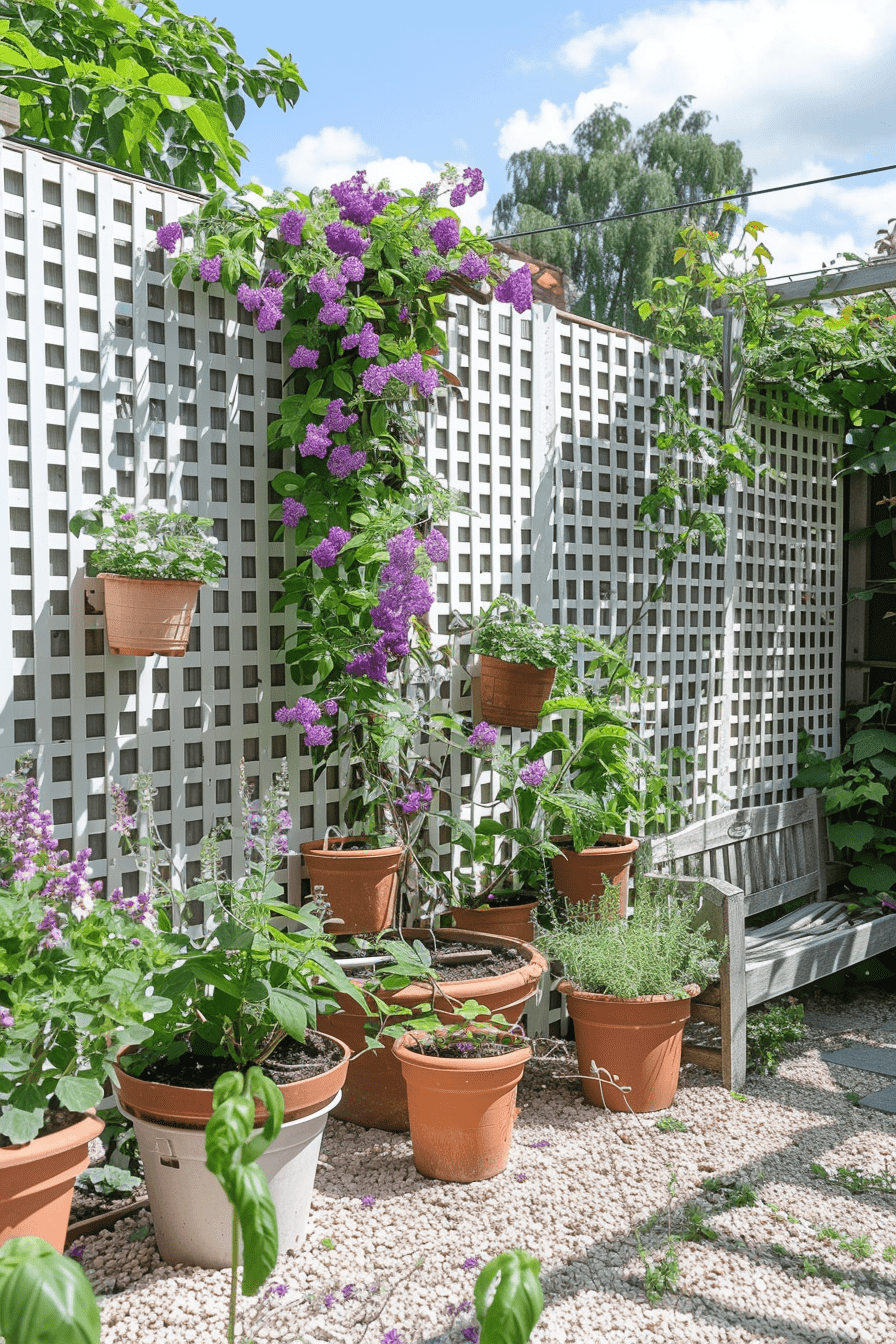 compact garden with clematis on trellis, small stylish space with herbs and bench