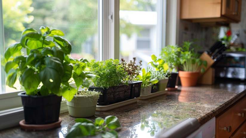 compact kitchen windowsill with a variety of herbs like basil, cilantro, and rosemary in small pots excellent option or small garden