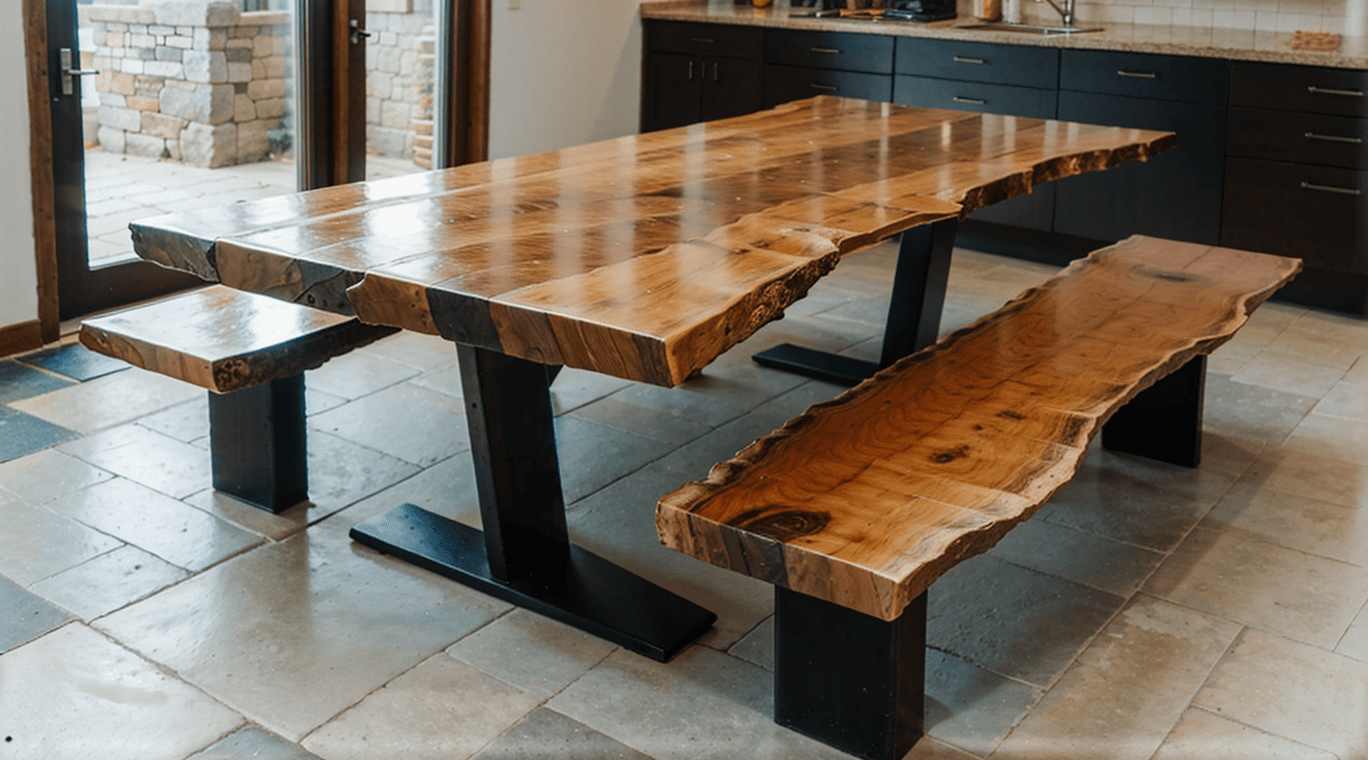 compact seating live edge dining table with benches