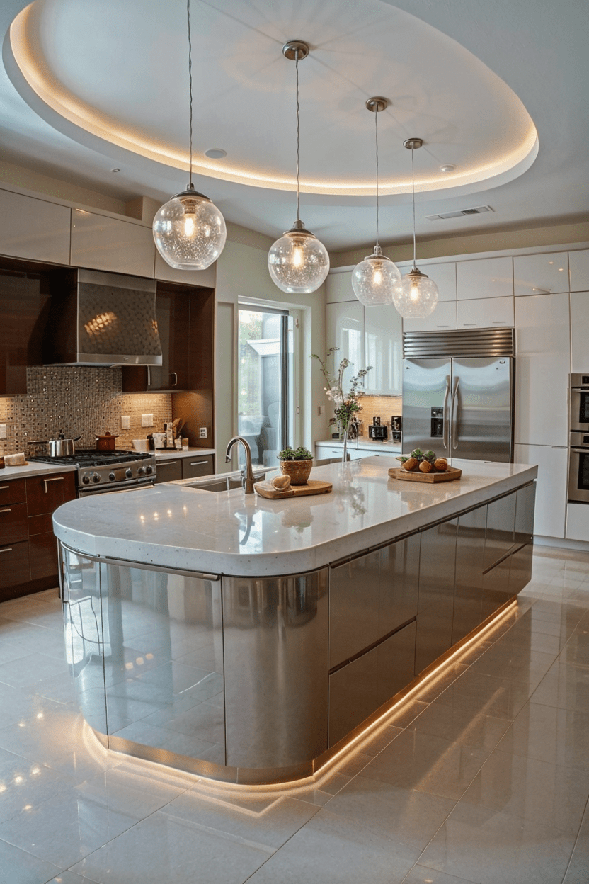 custom kitchen island, luxurious kitchen, multi-functional island, high-end quartz, specialized storage, modern kitchen design, pendant lights